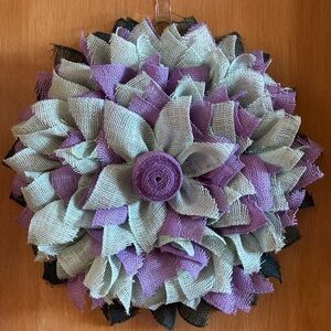 Handmade Burlap Flower Wreath - Purple and Green